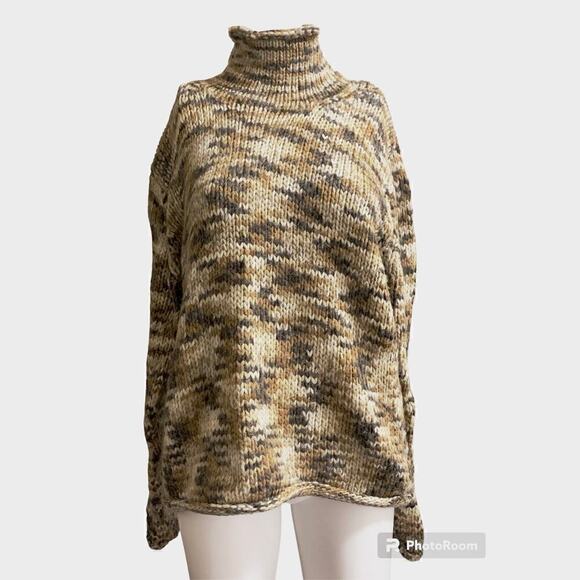 Columbia Women's Size Large Vintage Sweater Tan Chunky Knit Wool Mock Turtleneck - Picture 1 of 8